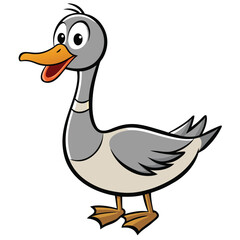 Joyful gray duck smiles brightly showing orange beak, standing on two feet