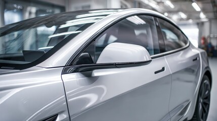 Side view of car window tint, ceramic film provides heat rejection and UV protection with stable color, car film installed on the glass surface of the , selected focus car tinting service