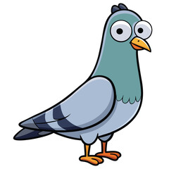 Googly eyed gray pigeon standing attentively, its orange feet visible against the bright white background