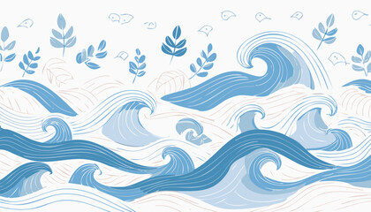 Simple Abstract Waves Seamless Pattern with Hand-Drawn Undersea Elements and Leaves – Vector Ocean-Inspired Design