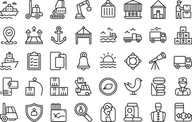 Obraz premium Outline icons depicting shipping logistics and transportation elements set