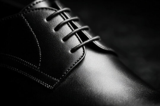 Close-up of handcrafted black leather dress shoe lacing with fine stitching