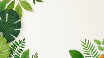 Naklejka premium Lush green leaves and tropical plants frame on soft neutral background for nature inspired designs and concepts