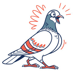 Cartoon pigeon stands loudly chirping as the red wavy lines highlight its cheerful sound