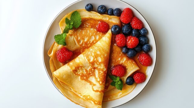 Top view of crepes with raspberries, blueberries, and mint on a ceramic plate. AI-generated.