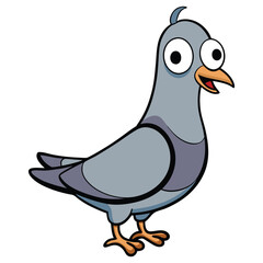 Cartoon pigeon with big eyes stands cheerfully on a white background in the illustration