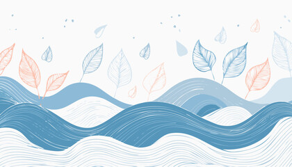 Simple Abstract Waves Seamless Pattern with Hand-Drawn Undersea Elements and Leaves – Vector Ocean-Inspired Design