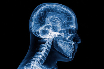 Side view x-ray of human head highlighting brain and neck anatomy