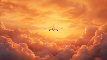 Naklejka premium Airplane flying above clouds during vibrant orange sunset over sky horizon with dramatic color and light contrast
