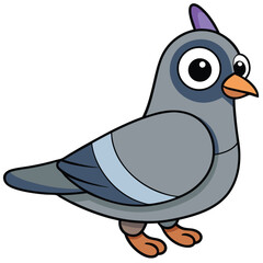 Cartoon pigeon stands calmly with a purple crest and an orange beak
