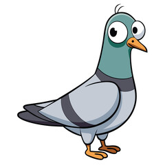 Cartoon pigeon stands alertly, showcasing big eyes and outlined features against a white background