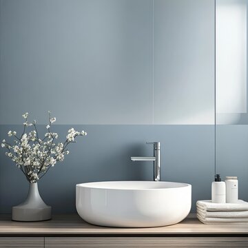 Fototapeta Modern minimalist bathroom design with a vessel sink, light wood vanity, and delicate floral arrangement