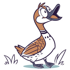Comical cartoon duck stands on grass with its mouth open, looking surprised