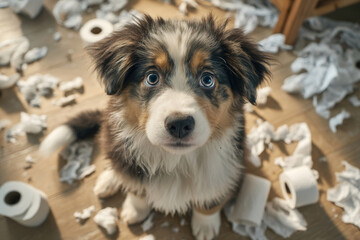 Playful puppy surrounded by shredded toilet paper rolls in soft morning light