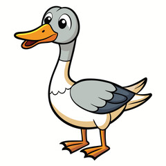 Cheerful cartoon gray duck with orange beak happily stands and looks to the left