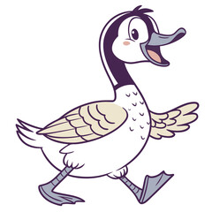 Smiling cartoon goose steps happily with its wing outstretched, making it look cheerful