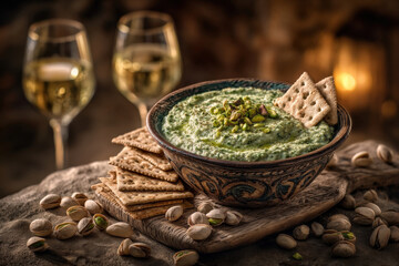 Fototapeta premium Rustic mediterranean appetizer with green pesto dip, artisan crackers, and white wine