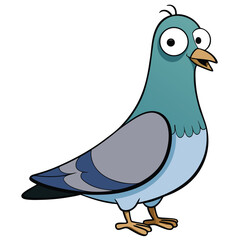 Cartoon pigeon standing upright with wide, expressive eyes looks forward attentively in curiosity
