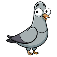 Playful pigeon character shows its curious cartoon eyes and stands upright humorously