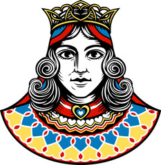 A queen woman wearing a medieval crown, mascot head or face. Original illustration in a vintage woodcut style.