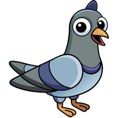 Cartoon pigeon is happily looking to the right, featuring its big eyes and open beak