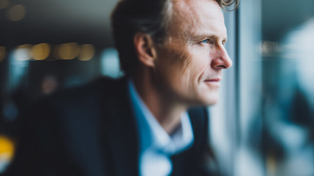 Visionary Contemplation: A confident businessman gazing thoughtfully out of a window, the depth of his gaze revealing a world of possibilities and forward thinking.