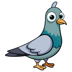 Cartoon pigeon with big eyes and grey feathers confidently stands against a white background