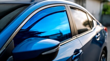 Side view of car window tint, ceramic film provides heat rejection and UV protection with stable color, car film installed on the glass surface of the , selected focus car tinting service
