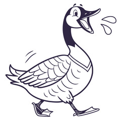 Outlined cartoon goose walks while water droplets appear around its beak, simple style