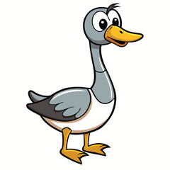Cheerful gray feathered duck cartoon struts happily with a yellow beak and feet