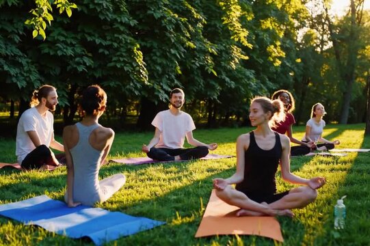 people smiling during group yoga session in a serene outdoor park. Generative AI