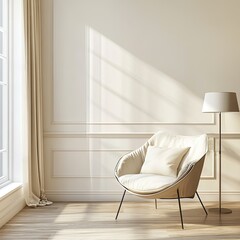 Sunlit room featuring a cream armchair, floor lamp, and window with drapes.  Elegant interior design with subtle shadows and molding