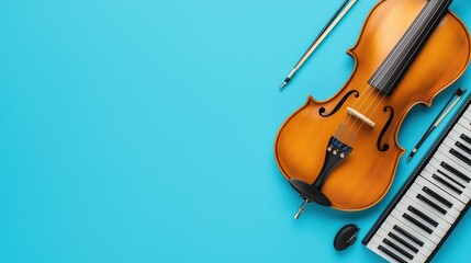Fototapeta premium Musical instruments on colorful background with violin, piano keyboard, bow, and music accessories for creative projects