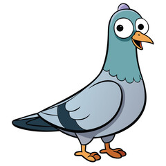 Cartoon pigeon stands with big expressive eyes and a happy smile in the sunshine