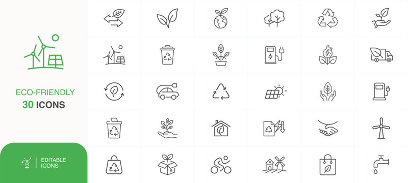 Eco-Friendly Icons Set, Sustainable Living Icon Pack, Environment & Sustainability icons, Minimal Outline Icons &ndash; Eco, Recycling, Renewable Energy, Environment, Climate Change Set, new