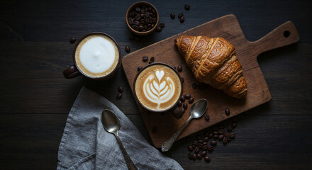 Artisanal Coffee Latte Croissant Flatlay Warm Moody Lighting