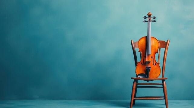 Violin resting on wooden chair against soft blue background for musical themes and artistic expressions in photography