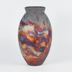 Decorative oval ceramic colorful rainbow tall vase on plain background