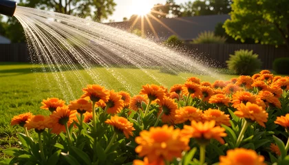 Poster Watering vibrant orange flowers in sunny garden during summer  