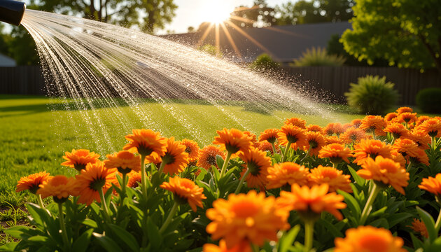 Watering vibrant orange flowers in sunny garden during summer  