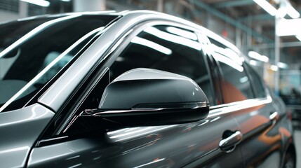 Obraz premium Side view of car window tint, ceramic film provides heat rejection and UV protection with stable color, car film installed on the glass surface of the , selected focus car tinting service