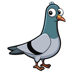 Cartoon pigeon stands confidently with big eyes and detailed feathers against white backdrop