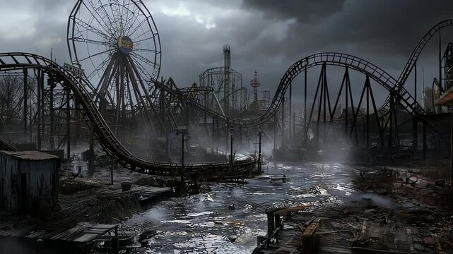Abandoned amusement park in a post-apocalyptic landscape.