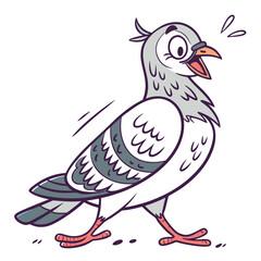 Startled gray cartoon pigeon is walking with an open beak on a white backdrop