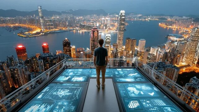 Cityscape Solitude: A lone figure stands on a rooftop, overlooking a sprawling cityscape illuminated by the soft glow of city lights.