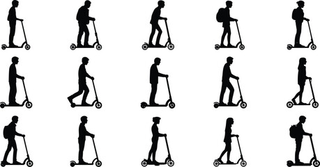 Electric scooter silhouette, people riding scooters, black vector icons, urban commuting transport, modern mobility, eco travel, city ride illustration