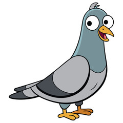 Joyful cartoon pigeon standing presents cheerful yellow beak and comically oversized eyes