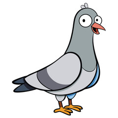 Cartoon pigeon stands, looking with wide eyes and a slight smile on a clean white background