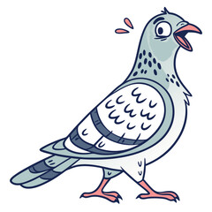 Startled cartoon pigeon stands open mouthed with visible sweat drops for emphasis