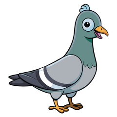 Cartoon pigeon with big eyes stands cheerfully with its mouth open on white